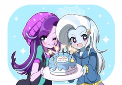 Size: 1426x991 | Tagged: safe, artist:lotte, derpibooru import, starlight glimmer, trixie, equestria girls, anime, blushing, cake, cute, diatrixes, food, glimmerbetes, one eye closed, wink