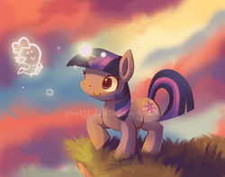 Size: 850x665 | Tagged: safe, artist:phuijl, derpibooru import, spike, twilight sparkle, dragon, pony, unicorn, cute, glowing horn, grass, horn, magic, raised hoof, smiling, watermark