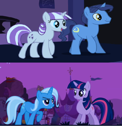 Size: 574x594 | Tagged: safe, derpibooru import, screencap, night light, trixie, twilight sparkle, twilight velvet, boast busters, the cutie mark chronicles, speculation