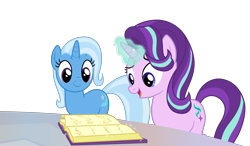 Size: 10516x6132 | Tagged: safe, artist:pink1ejack, derpibooru import, starlight glimmer, trixie, pony, celestial advice, absurd resolution, book, magic, open mouth, simple background, table, transparent background, vector