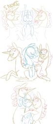 Size: 386x890 | Tagged: safe, artist:spiderish, derpibooru import, flam, flim, trixie, female, flamtrix, flaxie, flim flam brothers, flixie, male, polyamory, shipping, sketch, sleeping, straight