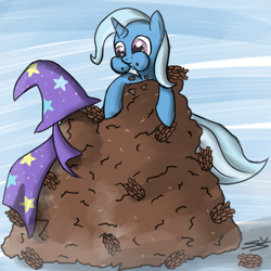 Size: 900x900 | Tagged: safe, artist:speccysy, derpibooru import, trixie, pony, unicorn, aweeg*, eating, female, leaning, mare, pile, pinecone, puffy cheeks, smiling, solo, trixie eating pinecones