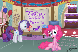 Size: 1024x685 | Tagged: safe, artist:zonra, derpibooru import, pinkie pie, rarity, twilight sparkle, earth pony, pony, unicorn, balloon, cake, paint, paint on fur, party