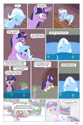 Size: 864x1296 | Tagged: safe, artist:dekomaru, derpibooru import, spike, trixie, twilight sparkle, dragon, pony, comic:the greatest gift, artifact, bed, clothes, comic, magic, scarf, snow, stairs, winter