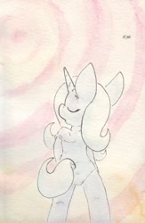 Size: 683x1049 | Tagged: safe, artist:slightlyshade, derpibooru import, trixie, pony, clothes, eyes closed, head turn, off shoulder, one-piece swimsuit, rear view, solo, swimsuit, traditional art