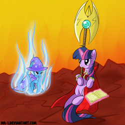 Size: 3000x3000 | Tagged: safe, artist:mr-1, derpibooru import, trixie, twilight sparkle, axe, battle axe, book, cape, cloak, clothes, high res, jewelry, magic, staff, weapon