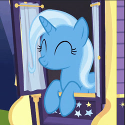 Size: 398x398 | Tagged: safe, derpibooru import, screencap, trixie, pony, to where and back again, cropped, cute, eyes closed, happy, solo, stars