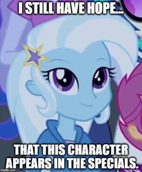 Size: 500x608 | Tagged: safe, derpibooru import, edit, edited screencap, screencap, dj pon-3, princess luna, scootaloo, trixie, vice principal luna, vinyl scratch, better together, equestria girls, forgotten friendship, perfect day for fun, rainbow rocks, cute, hilarious in hindsight, image macro, it happened, meme, trixie yells at everything, trixie's eqg demands