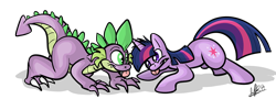 Size: 1280x461 | Tagged: safe, artist:secoh2000, derpibooru import, spike, twilight sparkle, dragon, :p, older, teenage spike