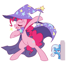 Size: 2387x2307 | Tagged: safe, artist:akainu_pony, derpibooru import, pinkie pie, trixie, earth pony, pony, unicorn, accessory swap, cape, clothes, female, hat, high res, mare, simple background, the great and powerful, trixie is not amused, trixie's cape, trixie's hat, wand, white background