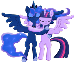 Size: 1524x1280 | Tagged: safe, artist:diren-chan, artist:majkashinoda626, princess luna, twilight sparkle, twilight sparkle (alicorn), alicorn, pony, bipedal, eyes closed, female, hug, lesbian, mare, shipping, simple background, smiling, spread wings, twiluna