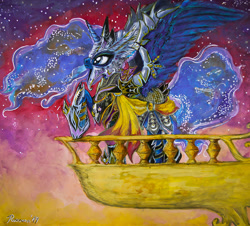 Size: 900x814 | Tagged: safe, artist:arnne, princess luna, alicorn, pony, armor, night, raised hoof, solo, spread wings, stars, traditional art, warrior luna