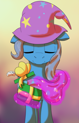 Size: 3850x5950 | Tagged: safe, artist:lula-moonarts, derpibooru import, trixie, pony, unicorn, absurd resolution, cape, clothes, eyes closed, female, floppy ears, hat, levitation, magic, mare, present, solo, telekinesis, trixie's cape, trixie's hat