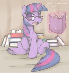 Size: 893x945 | Tagged: safe, artist:soulspade, derpibooru import, twilight sparkle, unicorn twilight, pony, unicorn, book, dialogue, female, glasses, levitation, magic, magic aura, mare, open mouth, reading glasses, sitting, solo, telekinesis