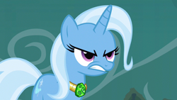 Size: 1280x720 | Tagged: safe, derpibooru import, screencap, trixie, pony, magic duel, angry, jewelry, necklace, solo