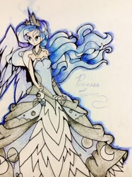 Size: 772x1034 | Tagged: safe, artist:asklunaandx, princess luna, human, clothes, dress, horned humanization, humanized, lunadoodle, solo, traditional art, winged humanization