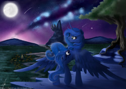 Size: 1024x724 | Tagged: safe, artist:digitalcyn, princess luna, alicorn, pony, canterlot, moon, night, ponyville, raised hoof, scenery, solo, spread wings