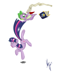 Size: 1300x1650 | Tagged: safe, artist:sameasusual, derpibooru import, spike, twilight sparkle, dragon, book, checklist, dancing, excited, quill