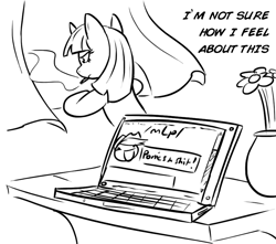 Size: 859x760 | Tagged: safe, artist:shoutingisfun, derpibooru import, twilight sparkle, /mlp/, 4chan, cigarette, computer, laptop computer, monochrome, smoking, solo