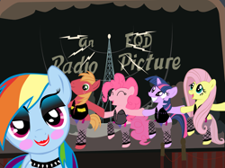 Size: 2667x2000 | Tagged: safe, artist:pipersack, derpibooru import, big macintosh, fluttershy, pinkie pie, rainbow dash, twilight sparkle, earth pony, pegasus, pony, dancing, dr. frank n furter, high res, male, parody, rocky horror, rocky horror picture show, stallion