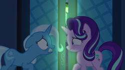 Size: 1280x720 | Tagged: safe, derpibooru import, screencap, starlight glimmer, trixie, pony, unicorn, to where and back again, duo, female, mare, scared, twilight's castle