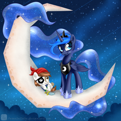 Size: 800x800 | Tagged: safe, artist:swanlullaby, pipsqueak, princess luna, alicorn, pony, clothes, costume, female, lunapip, male, moon, nightmare night costume, pirate, shipping, straight, tangible heavenly object