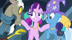 Size: 1280x720 | Tagged: safe, derpibooru import, screencap, discord, starlight glimmer, trixie, pony, to where and back again