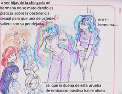 Size: 2720x2099 | Tagged: safe, artist:orochivanus, derpibooru import, adagio dazzle, princess celestia, princess luna, principal celestia, sunset shimmer, trixie, twilight sparkle, vice principal luna, equestria girls, angry, blushing, breasts, clothes, cross-popping veins, embarrassed, female, pregnancy test, pregnant, princess balloona, princess breastia, skirt, socks, spanish, sweat, sweatdrop, thigh highs, traditional art, translated in the comments, vulgar