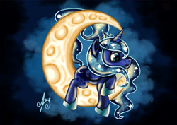 Size: 4961x3508 | Tagged: safe, artist:azuh, princess luna, alicorn, pony, absurd resolution, moon, prone, solo, tangible heavenly object