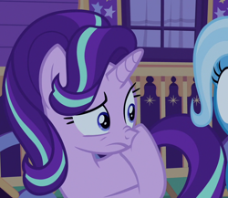 Size: 830x719 | Tagged: safe, derpibooru import, edit, edited screencap, screencap, starlight glimmer, trixie, pony, unicorn, to where and back again, boop, cropped, female, mare, nose wrinkle, self-boop, solo focus