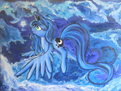 Size: 2828x2121 | Tagged: safe, artist:wilvarin-liadon, princess luna, alicorn, pony, cloud, cloudy, night, sky, solo, spread wings, traditional art