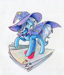 Size: 700x823 | Tagged: safe, artist:maytee, derpibooru import, trixie, pony, unicorn, card, female, lidded eyes, looking at you, mare, playing card, raised hoof, simple background, smiling, smirk, solo, traditional art, white background