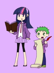 Size: 518x700 | Tagged: safe, artist:raito toko, derpibooru import, spike, twilight sparkle, clothes, humanized, skinny, skirt