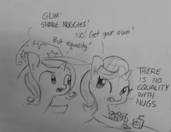 Size: 1280x990 | Tagged: safe, artist:tjpones, derpibooru import, starlight glimmer, trixie, pony, unicorn, apple juice, black and white, chicken nugget, clothes, dialogue, eating, food, grayscale, hat, inequality, juice, juice box, lineart, looking at each other, monochrome, open mouth, ponies eating meat, traditional art, trixie's hat