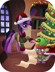 Size: 800x1050 | Tagged: safe, artist:rizcifra, derpibooru import, spike, twilight sparkle, dragon, elf, book, christmas, clothes, duo, hat, inside, santa hat, snow, snowfall