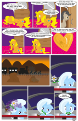 Size: 792x1224 | Tagged: safe, artist:dekomaru, derpibooru import, trixie, oc, oc:diamond cluster, oc:honey cluster, earth pony, pegasus, pony, comic:the greatest gift, comic, eating, female, flower, horses doing horse things, locket, magic, male, mare, prone, stallion, sunset, train