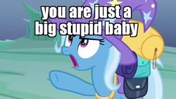 Size: 640x360 | Tagged: safe, derpibooru import, edit, edited screencap, screencap, trixie, pony, unicorn, to where and back again, angry, cute, image macro, insult, meme, open mouth, pointing, solo, trixie yells at everything