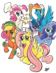 Size: 632x819 | Tagged: safe, artist:doug kallberg, derpibooru import, applejack, fluttershy, pinkie pie, rainbow dash, rarity, twilight sparkle, earth pony, pegasus, pony, unicorn, accordion, accordion thief, disco bandit, helmet, kingdom of loathing, musical instrument, pasta, pastamancer, sauceror, seal clubber, turtle tamer