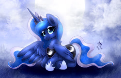 Size: 1400x900 | Tagged: safe, artist:joakaha, princess luna, alicorn, pony, prone, smiling, solo