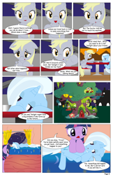 Size: 792x1224 | Tagged: safe, artist:dekomaru, derpibooru import, derpy hooves, trixie, twilight sparkle, pony, comic:the greatest gift, bed, comic, female, golden oaks library, lesbian, sad, shipping, twixie