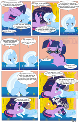 Size: 792x1224 | Tagged: safe, artist:dekomaru, derpibooru import, trixie, twilight sparkle, oc, oc:honey cluster, pegasus, pony, comic:the greatest gift, against glass, anticlimax, bed, behaving like a bird, comic, female, glass, glasses, lesbian, mare, mood whiplash, shipping, twixie