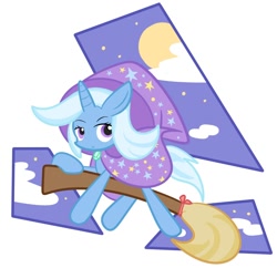 Size: 900x870 | Tagged: safe, artist:uo, artist:凹, derpibooru import, trixie, pony, unicorn, broom, female, flying, flying broomstick, looking back, mare, pixiv, solo