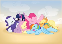 Size: 1403x992 | Tagged: safe, artist:dawnallies, derpibooru import, applejack, fluttershy, pinkie pie, rainbow dash, rarity, twilight sparkle, earth pony, pegasus, pony, unicorn, cuddle puddle, mane six, morning ponies, pony pile, sleep pile, sleeping