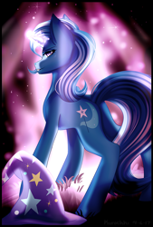 Size: 2292x3387 | Tagged: safe, artist:kurochhi, derpibooru import, trixie, pony, unicorn, clothes, female, glowing horn, hat, looking at you, looking back, magic, mare, rear view, smiling, trixie's hat