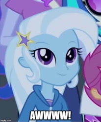 Size: 500x608 | Tagged: safe, derpibooru import, edit, edited screencap, screencap, dj pon-3, princess luna, scootaloo, trixie, vice principal luna, vinyl scratch, equestria girls, rainbow rocks, caption, image macro, looking at you, meme, smiling, solo focus