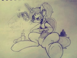 Size: 640x480 | Tagged: safe, artist:miracle32, princess luna, alicorn, pony, semi-anthro, gamer luna, monochrome, solo, traditional art