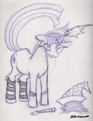 Size: 617x800 | Tagged: safe, artist:lelunae, derpibooru import, trixie, twilight sparkle, pony, unicorn, ash, crying, dead, female, hat, horn, implied murder, magic, mare, monochrome