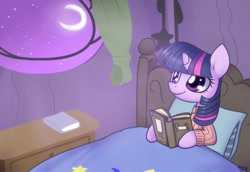 Size: 1000x689 | Tagged: safe, artist:solar-slash, derpibooru import, twilight sparkle, bed, book, clothes, female, moon, night, reading, smiling, solo, sweater