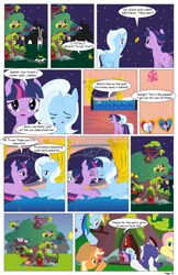 Size: 792x1224 | Tagged: safe, artist:dekomaru, derpibooru import, applejack, fluttershy, rainbow dash, rarity, trixie, twilight sparkle, oc, oc:honey cluster, earth pony, pegasus, pony, unicorn, comic:the greatest gift, comic, female, golden oaks library, kissing, lesbian, locket, mare, ponyville, shipping, twixie