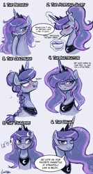 Size: 581x1080 | Tagged: safe, artist:lumineko, princess luna, alicorn, pony, alternate hairstyle, baka, blushing, braid, cereal, dreamluna, glasses, levitation, magic, poll, poll in description, ponytail, solo, stupid sexy princess luna, tsundere, tsunderuna